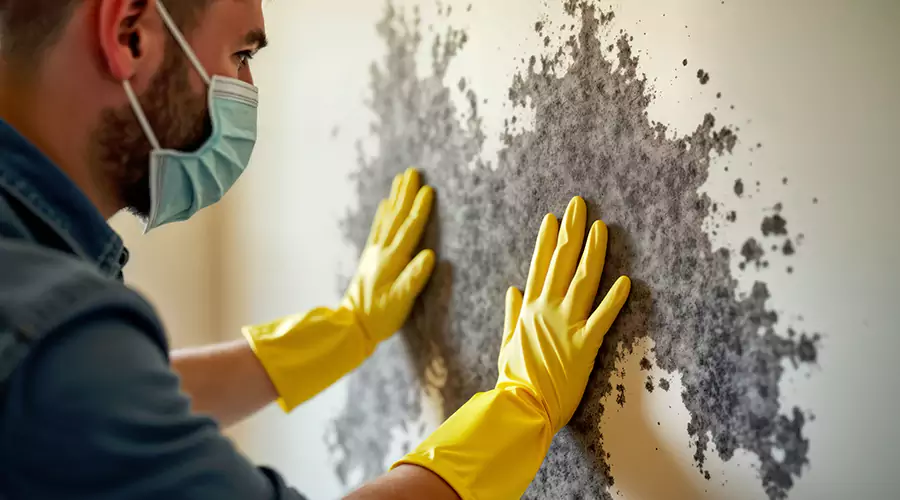 Technician inspecting heavy mold growth on a wall while wearing gloves and a mask